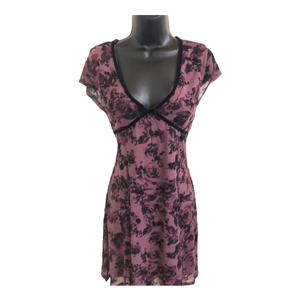 Dark mauve dark floral velvet trim skater style goth mini v-neck dress size XL